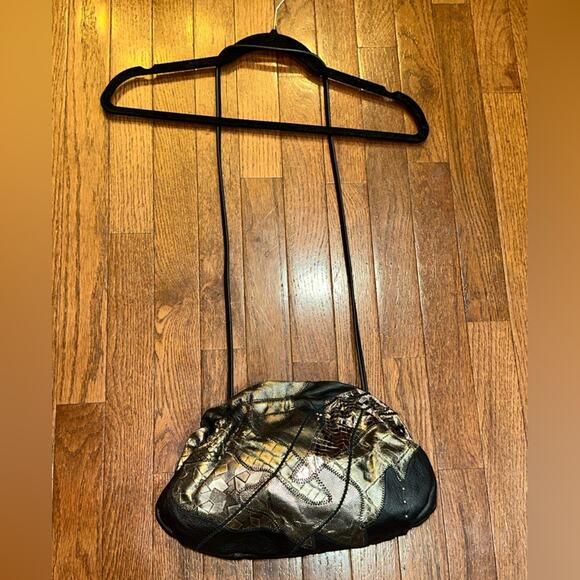 Vintage 80s Clemente Black & Silver Metallic Snakeskin Leathe Purse Clutch, RARE - Picture 8 of 14